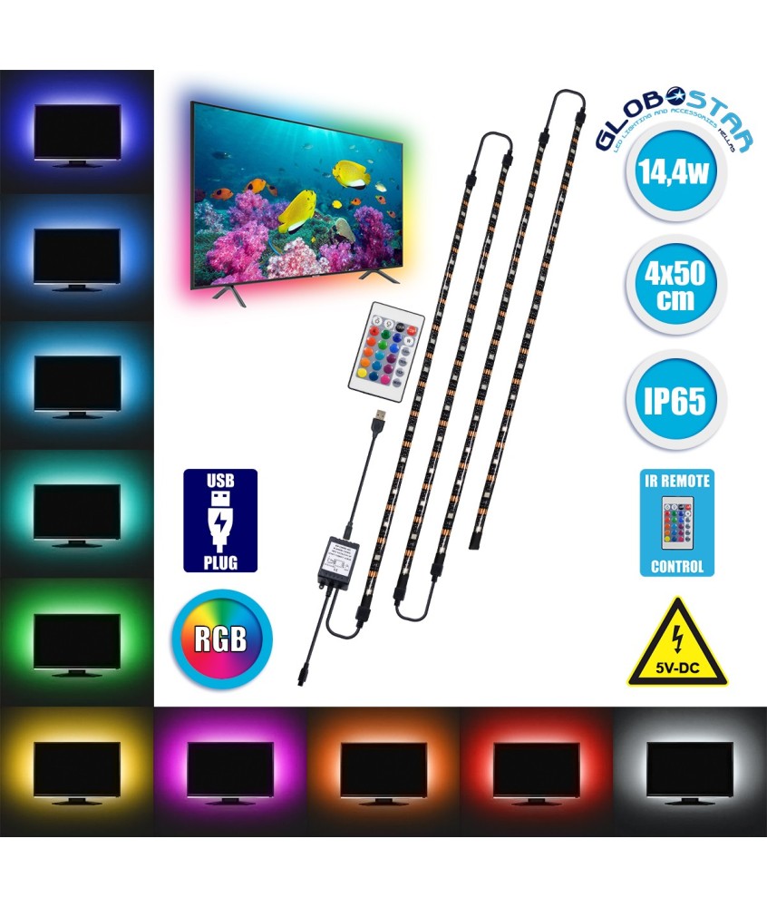 GloboStar® 70406 Σετ Ταινία TV Kit LED RGB SMD 5050 2m (4x50CM) 14.4W-2m 60LED-2m 1454lm-2m 120° USB DC 5V Οπίσθιου Κρυφού Φωτισμού για Τηλεόραση με Ασύρματο Τηλεχειριστήριο Αδιάβροχο IP65 RGB